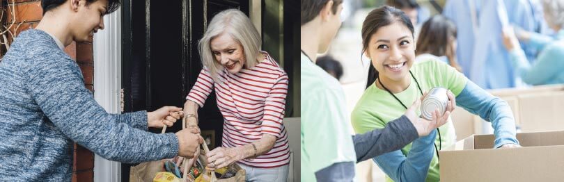 Two pictures, one of a teenage boy delivering groceries to an elderly woman, and another picture of a teenage girl with canned food at a food bank